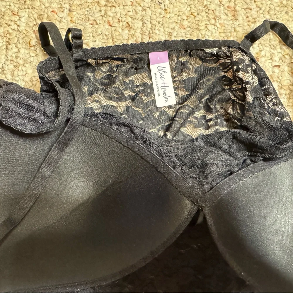NWT Lingerie Set Lilac+London Stretch Lace Cami And Skirted Panty Black Size L
